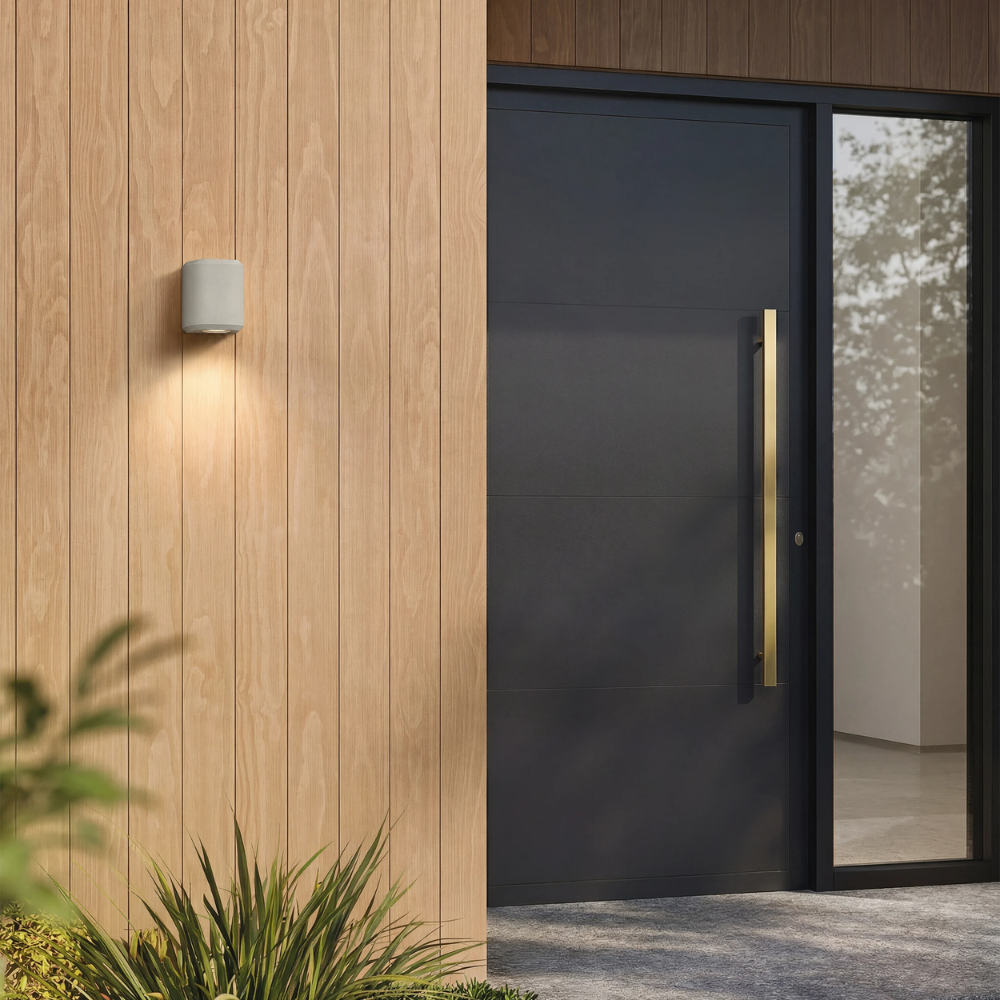 The Brixham Wall Single outdoor sconce in grey concrete by Astro Lighting installed by a front door during the day.