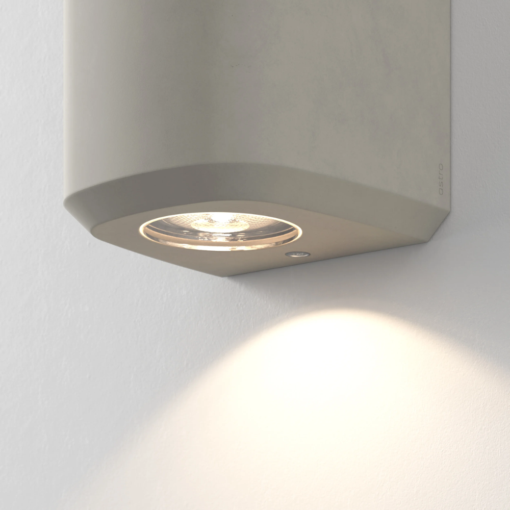 Light source of the Brixham Wall Single outdoor sconce in grey concrete by Astro Lighting.