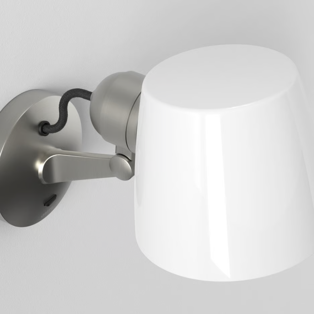 The matte nickel Imari Adjustable Wall Sconce from Astro Lighting turned off.