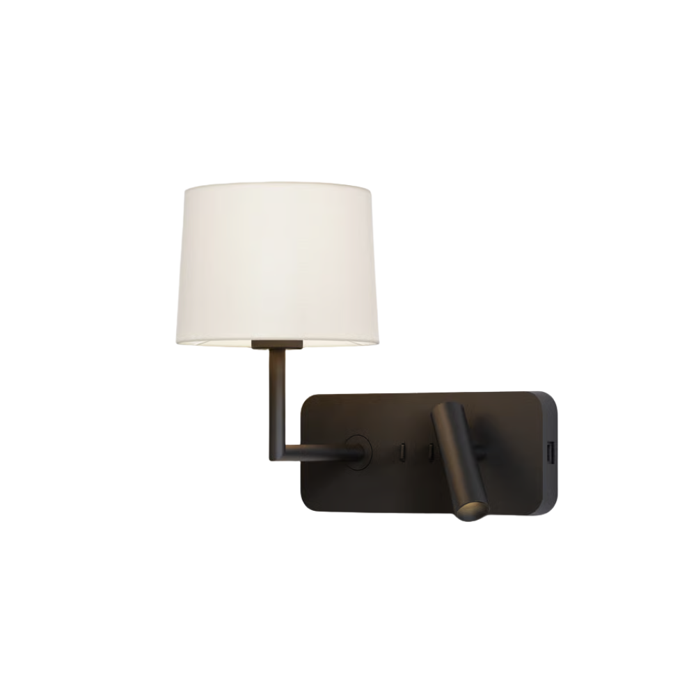 The matte black Side by Side USB Reading Light with the white fabric Drum 177 Shade.