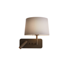 The bronze Side by Side USB Reading Light with the white fabric Round 250 Shade at an angle.