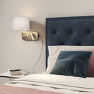The bronze Side by Side USB Reading Light with the white fabric Round 250 Shade in a primary bedroom.