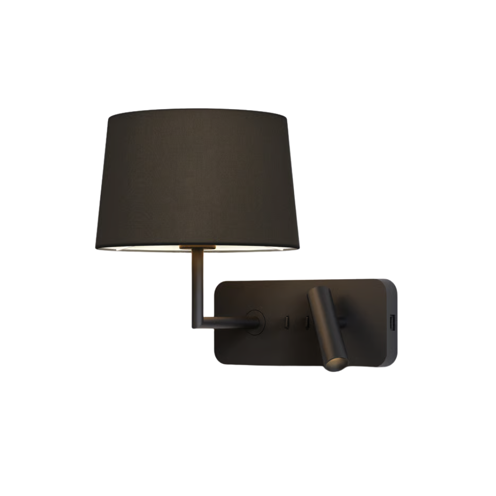 The matte black Side by Side USB Reading Light with the black fabric Round 250 Shade.