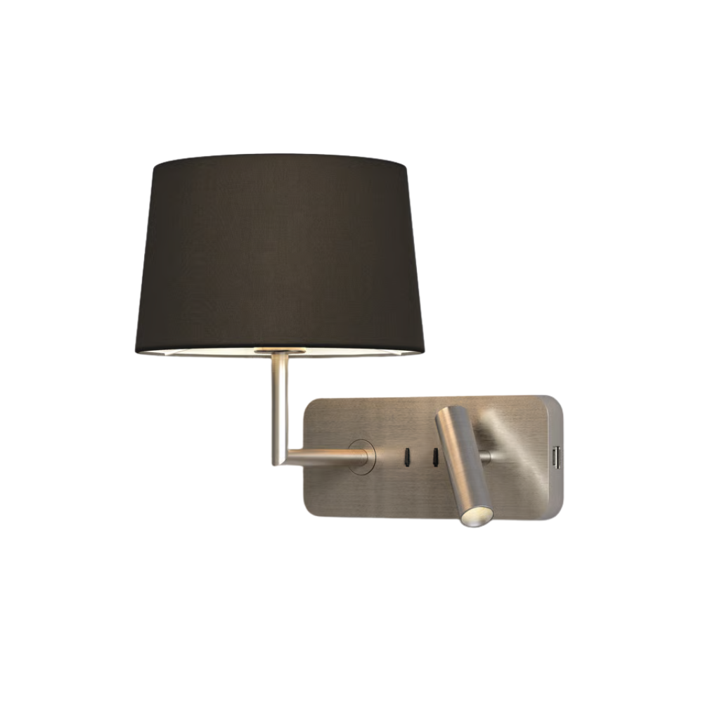 The matte nickel Side by Side USB Reading Light with the black fabric Round 250 Shade.