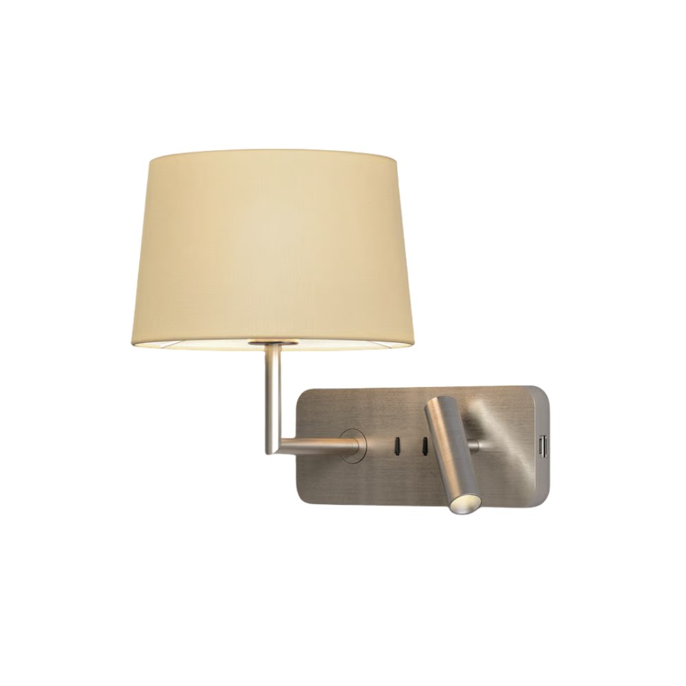 The matte nickel Side by Side USB Reading Light with the putty fabric Round 250 Shade.