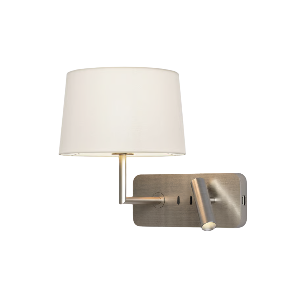 The matte nickel Side by Side USB Reading Light with the white fabric Round 250 Shade.