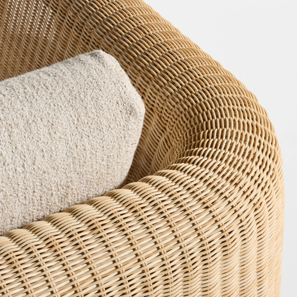 The sunbrella stucco Loophole Outdoor Lounge Chair from Bludot with a back view close up.