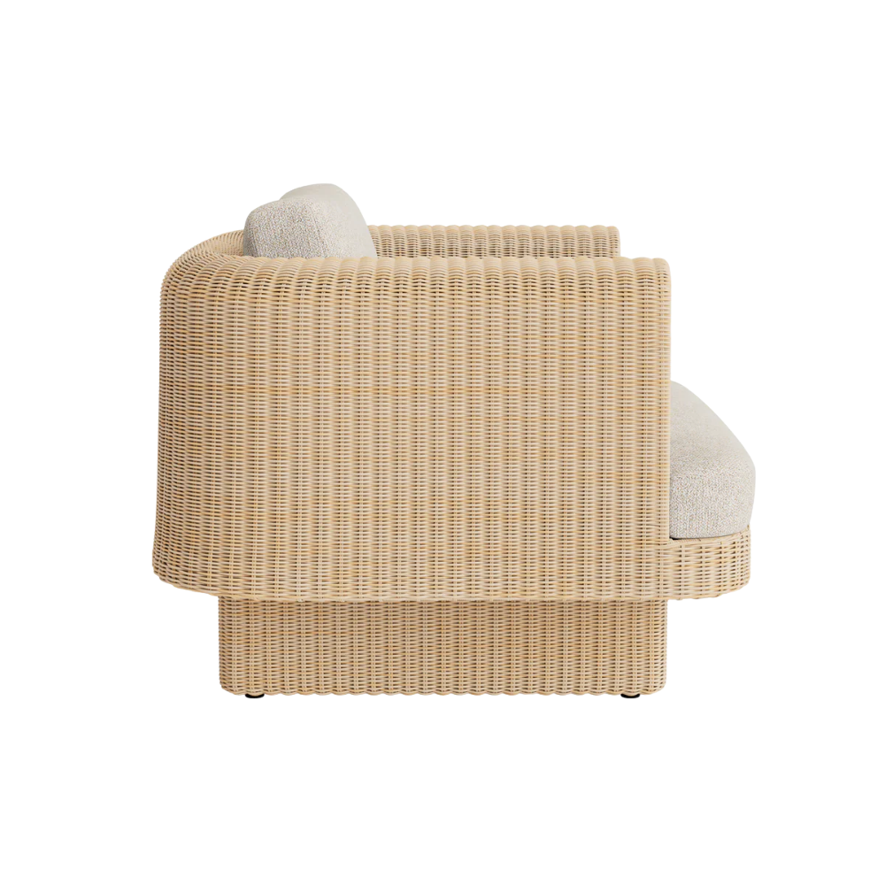 The sunbrella stucco Loophole Outdoor Lounge Chair from Bludot with a side profile.