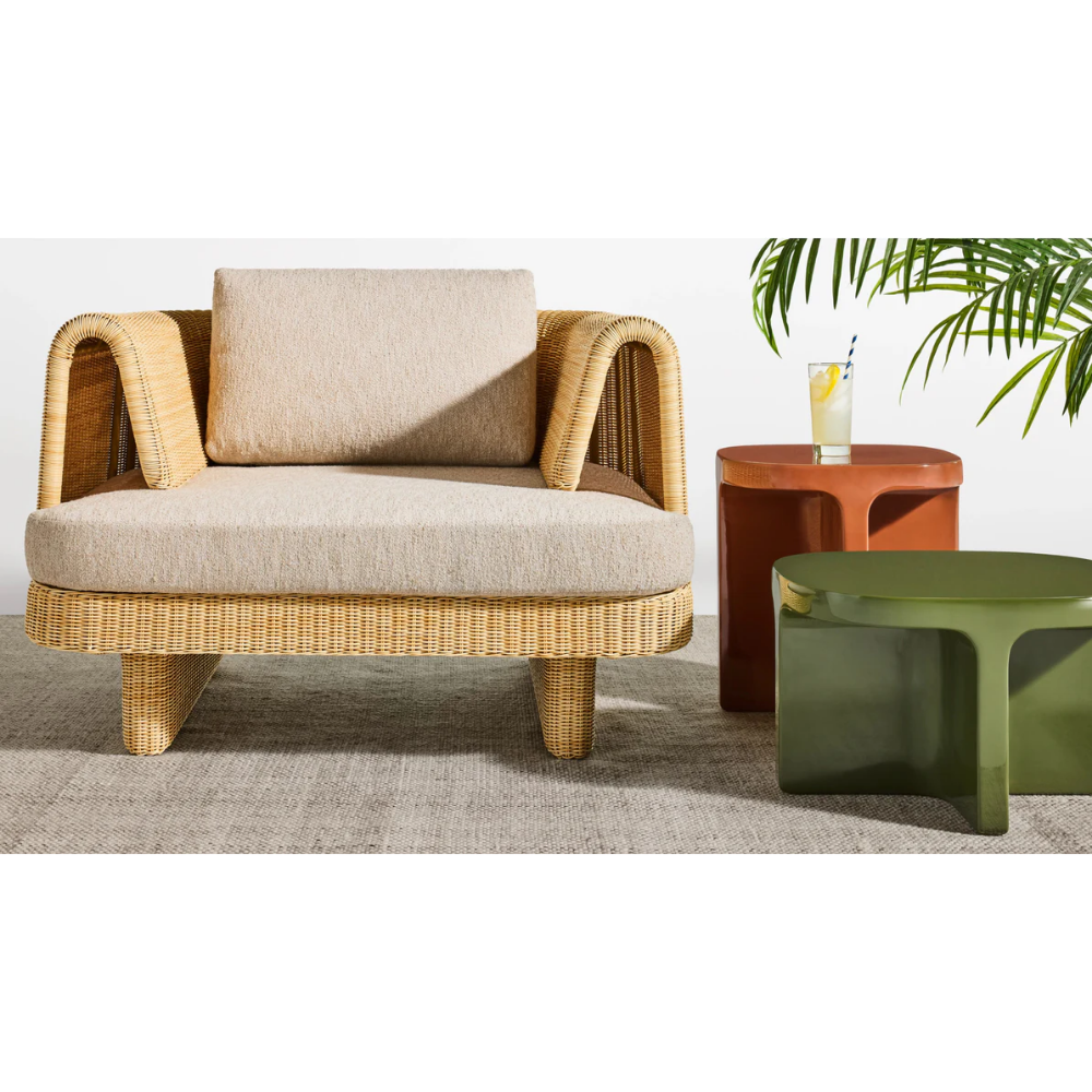 The sunbrella stucco Loophole Outdoor Lounge Chair from Bludot in living room.