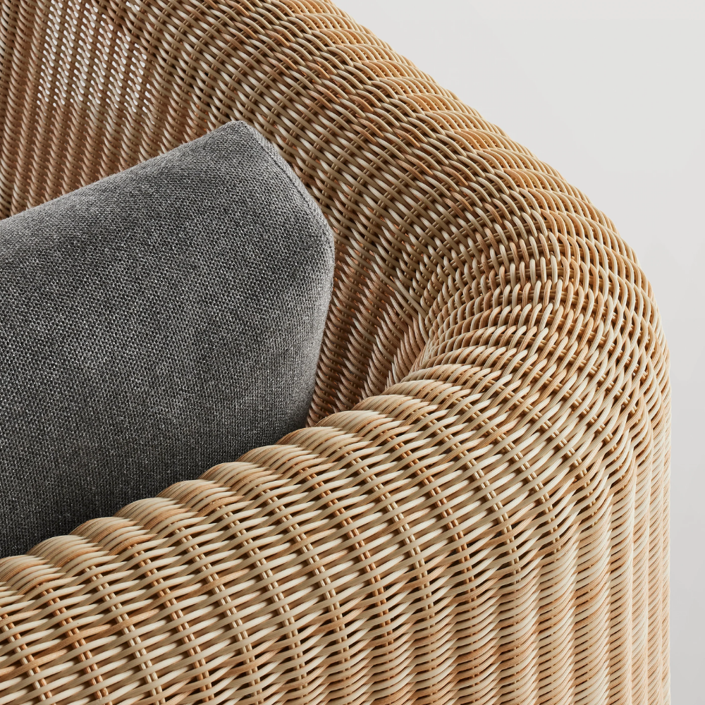 The toohey charcoal Loophole Outdoor Lounge Chair from Bludot with back view close up.
