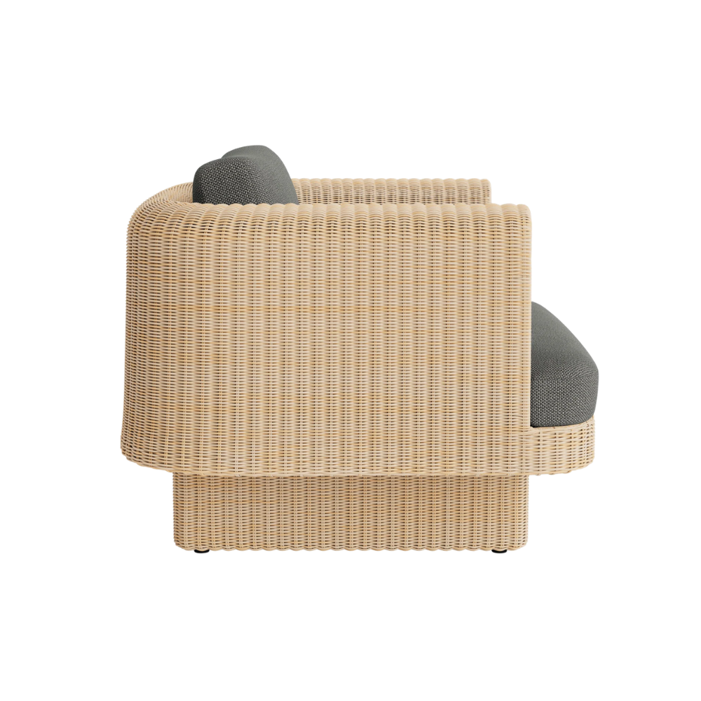 The toohey charcoal Loophole Outdoor Lounge Chair from Bludot with a side profile.