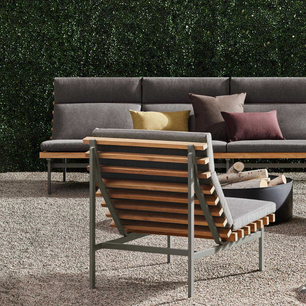 The toohey charcoal Perch Outdoor 3 and 1 Seat Sofa with charcoal frame from Bludot on patio. all-groups