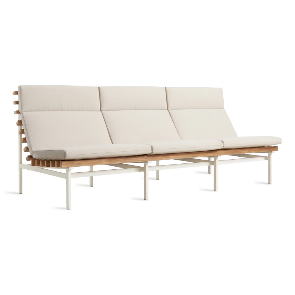 The sunbrella linen Perch Outdoor 3 Seat Sofa with white frame from Bludot with side angle
