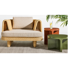 The olive and rust Small Talk Tall Side Table from bludot with a Loophole outdoor lounge chair. all-groups