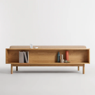 The Souvenir Sofa from Blu Dot with the irving copper stripe upholstery and walnut frame from the back.