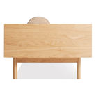 The Souvenir Sofa from Blu Dot with the irving copper stripe upholstery and white oak frame from the side.