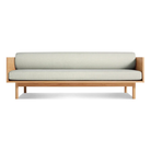 The Souvenir Sofa from Blu Dot with the irving gray blue stripe upholstery and white oak frame.
