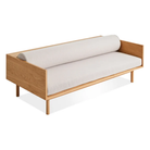 The Souvenir Sofa from Blu Dot with the landa stone upholstery and white oak frame from a high angle.