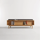 The Souvenir Sofa from Blu Dot with the storm velvet upholstery and white oak frame from the back in a studio.