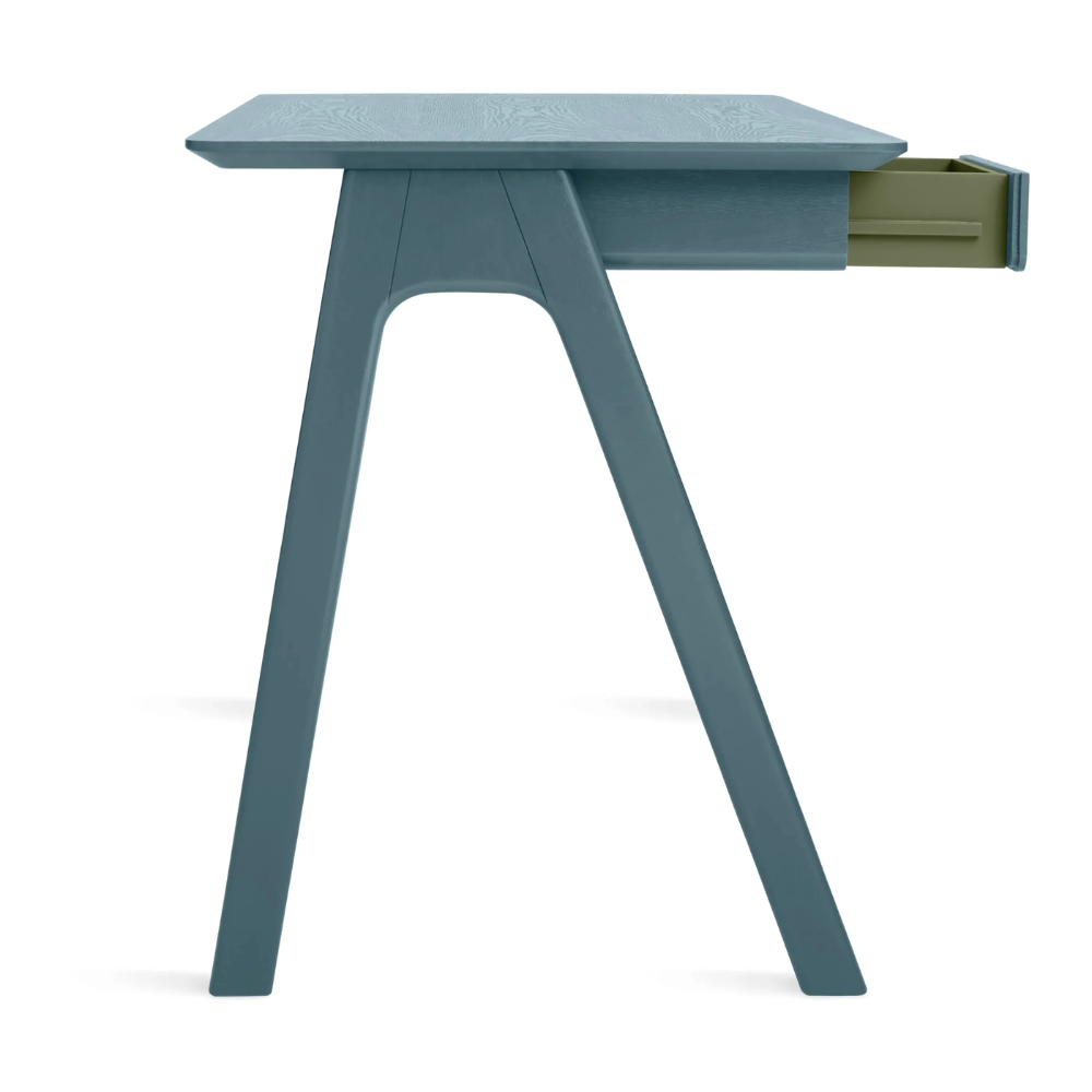 The Stash Desk from Blu Dot in Marine Blue on Ash profile view.