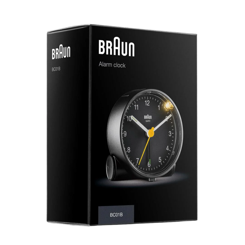 The black Round Alarm Clock BC01 from Braun with a box.