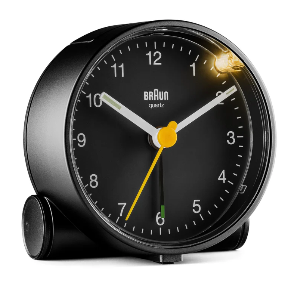 The black Round Alarm Clock BC01 from Braun with LED lighting.