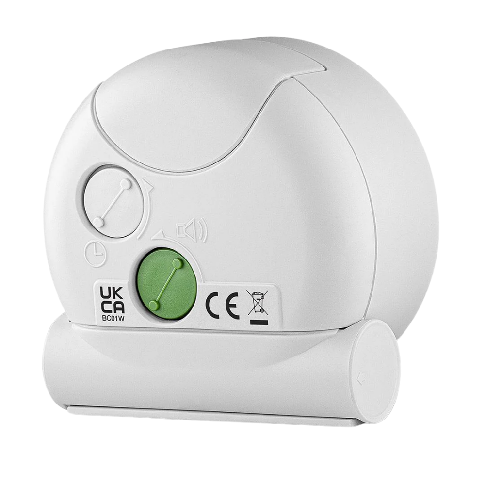 The white Round Alarm Clock BC01 by Braun from the backside.