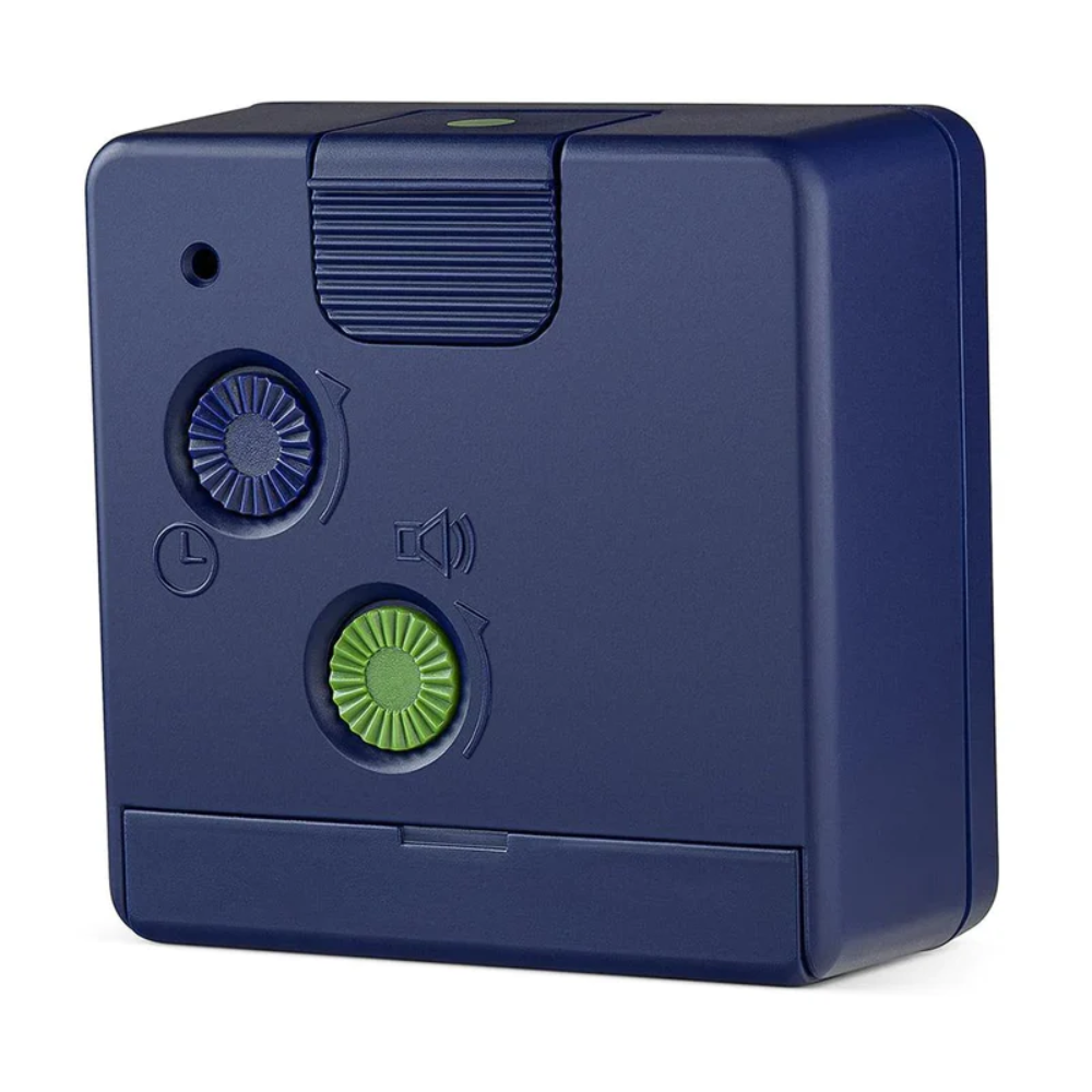 The blue BC02 Travel Alarm Clock by Braun from the back.