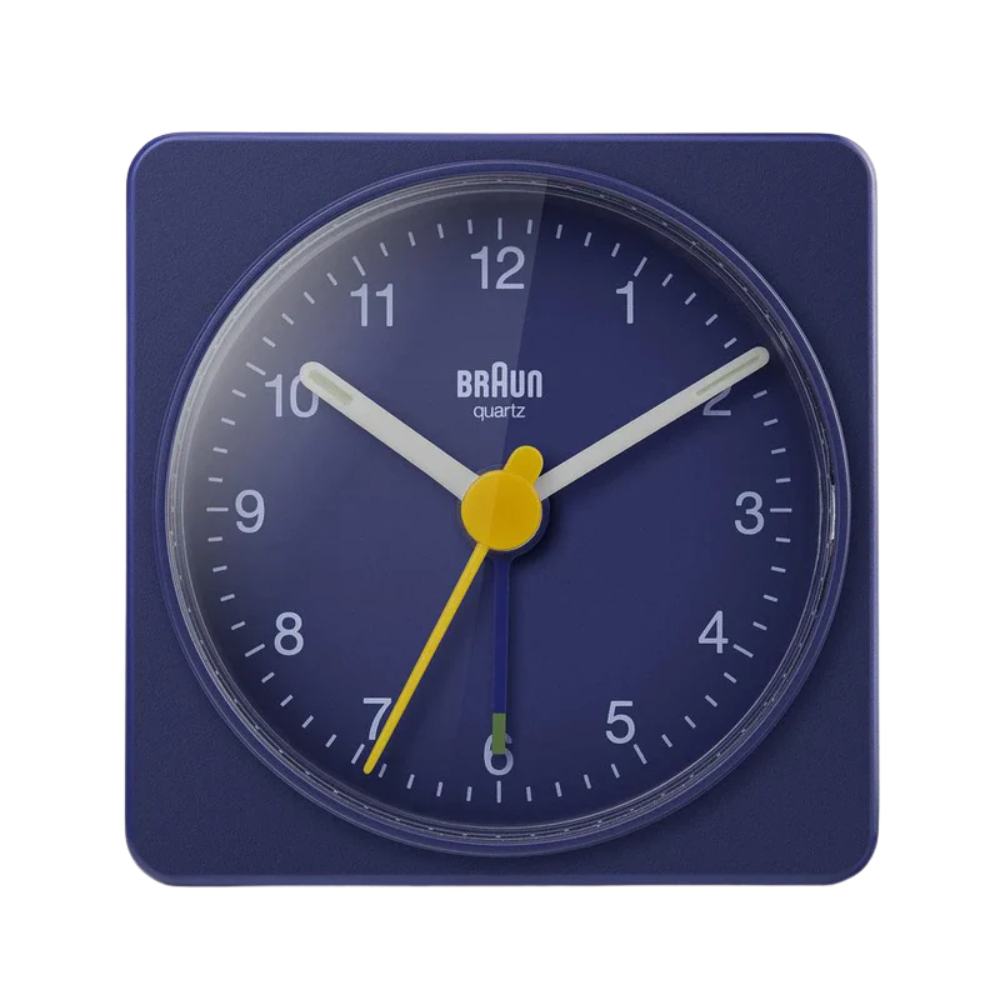 The blue BC02 Travel Alarm Clock from Braun.