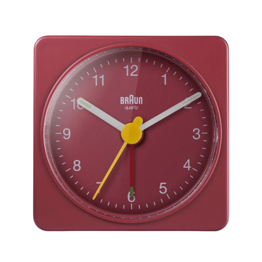 The red BC02 Travel Alarm Clock from Braun.
