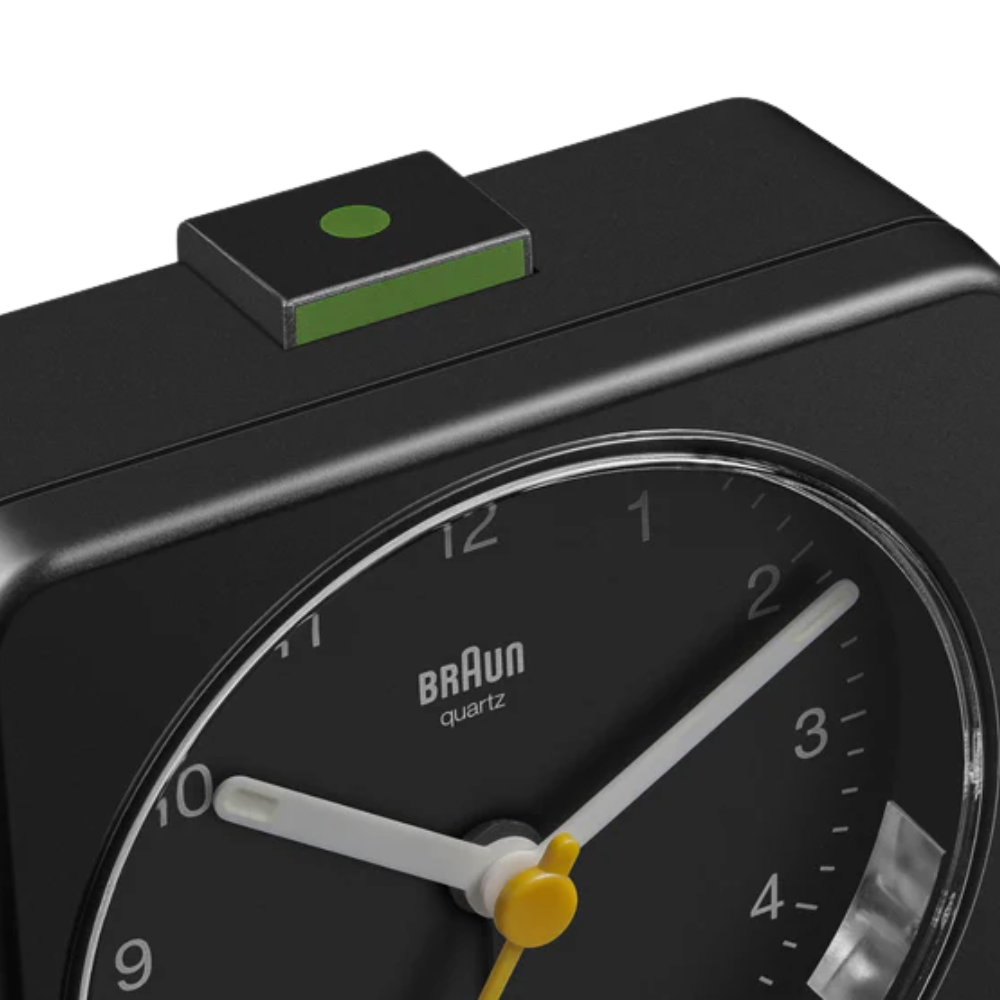 The black BC03 Large Travel Alarm Clock by Braun from the top.