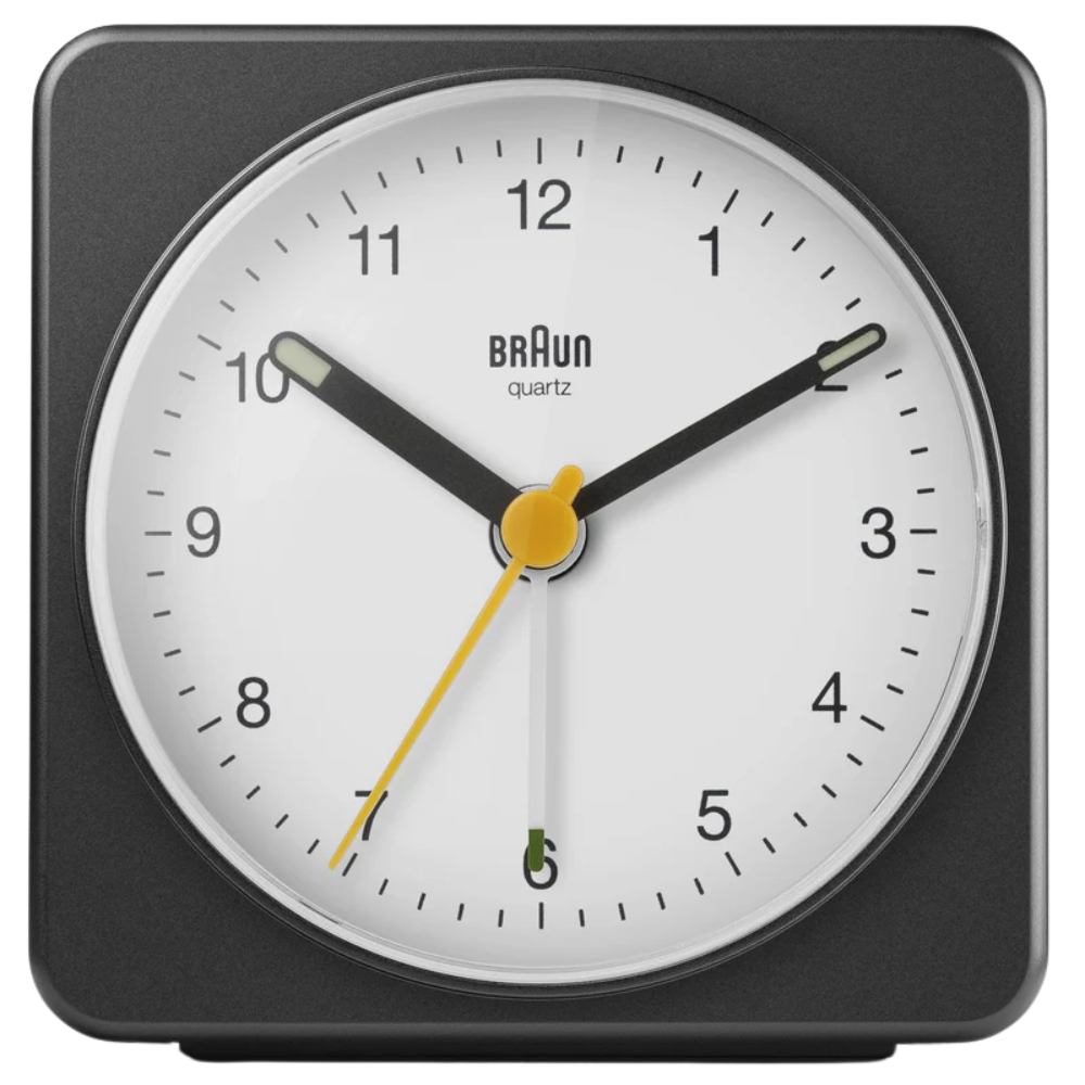 The black and white BC03 Large Travel Alarm Clock from Braun.