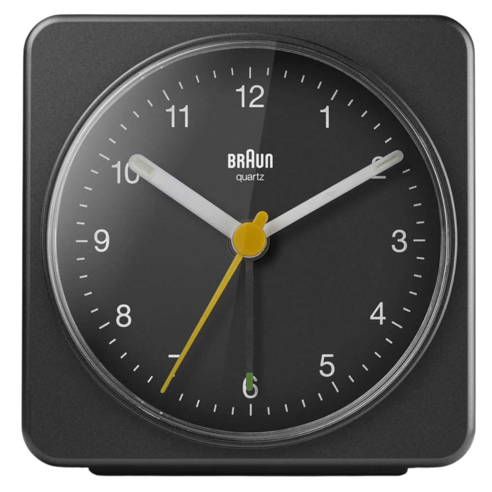 The black BC03 Large Travel Alarm Clock from Braun.