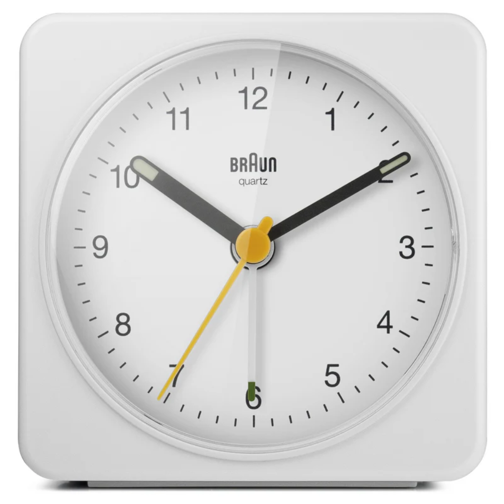 The white BC03 Large Travel Alarm Clock from Braun.