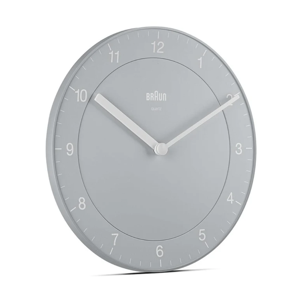 The gray BC06 Wall Clock from Braun from the side.