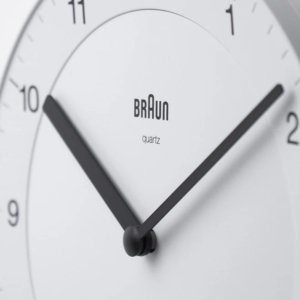 The white BC06 Wall Clock from Braun close up.