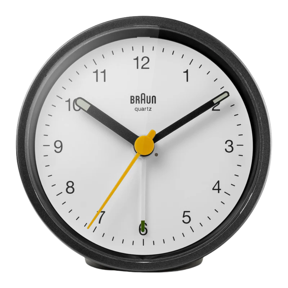 The black and white BC12 Round Alarm Clock from Braun.