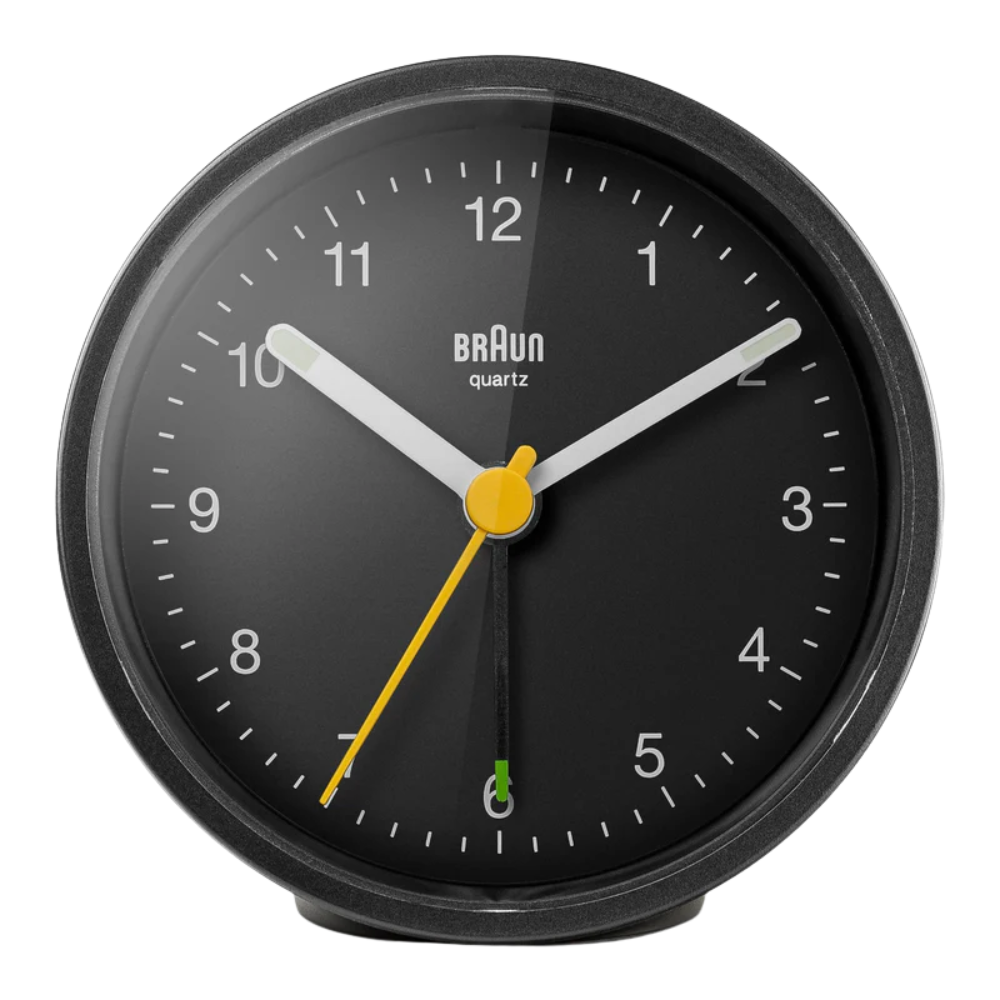 The black BC12 Round Alarm Clock from Braun.