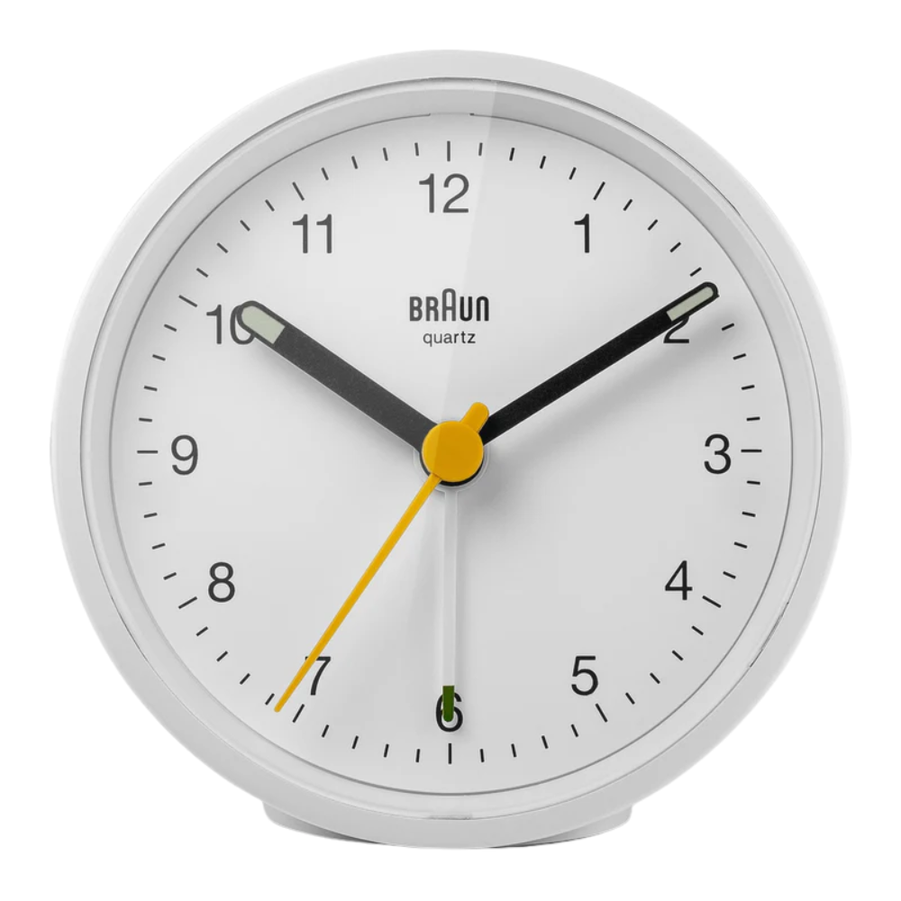The white BC12 Round Alarm Clock from Braun.