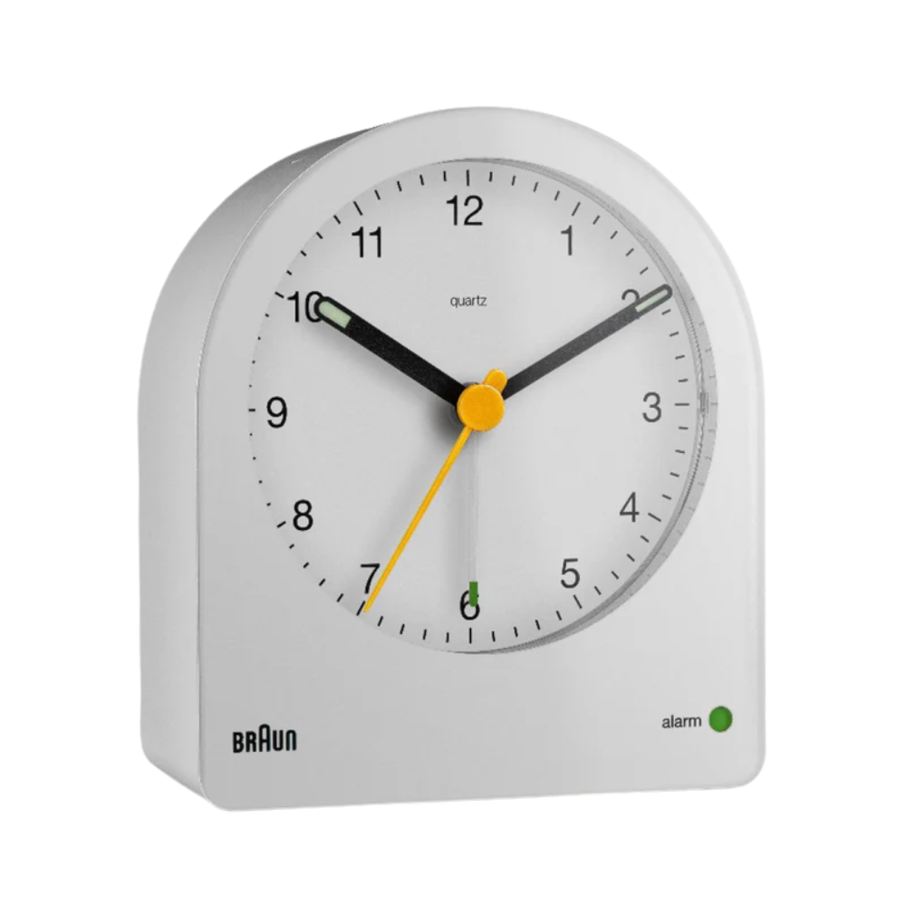 The white BC22 Alarm Clock from Braun.