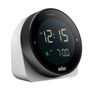 The white BC24 Alarm Clock from Braun from side angle.