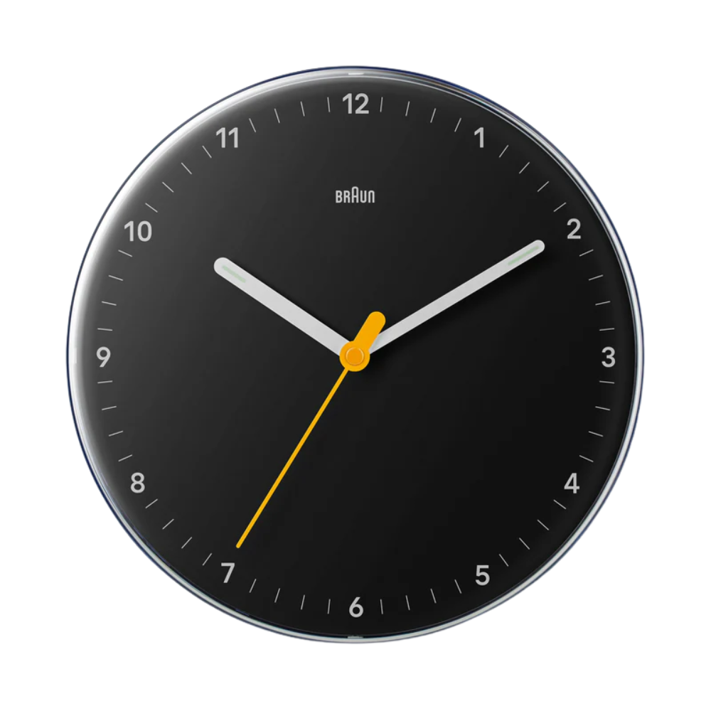 The black BC26 Wall Clock from Braun, from the front.