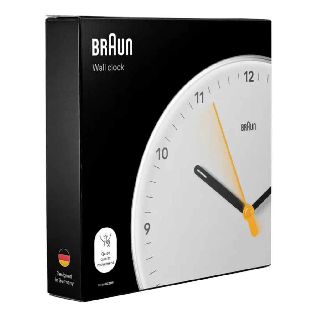 The white BC26 Wall Clock from Braun with the box.