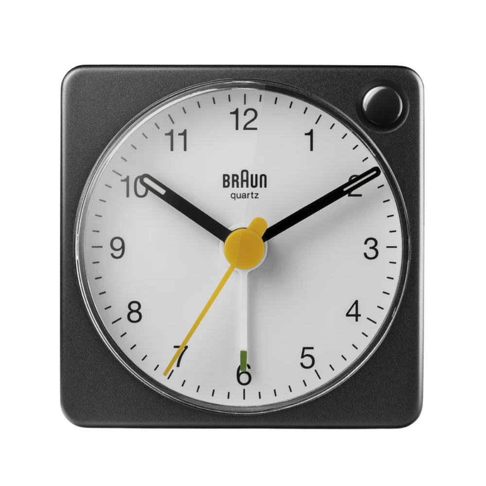 The black and white BC2X Travel Alarm Clock from Braun.