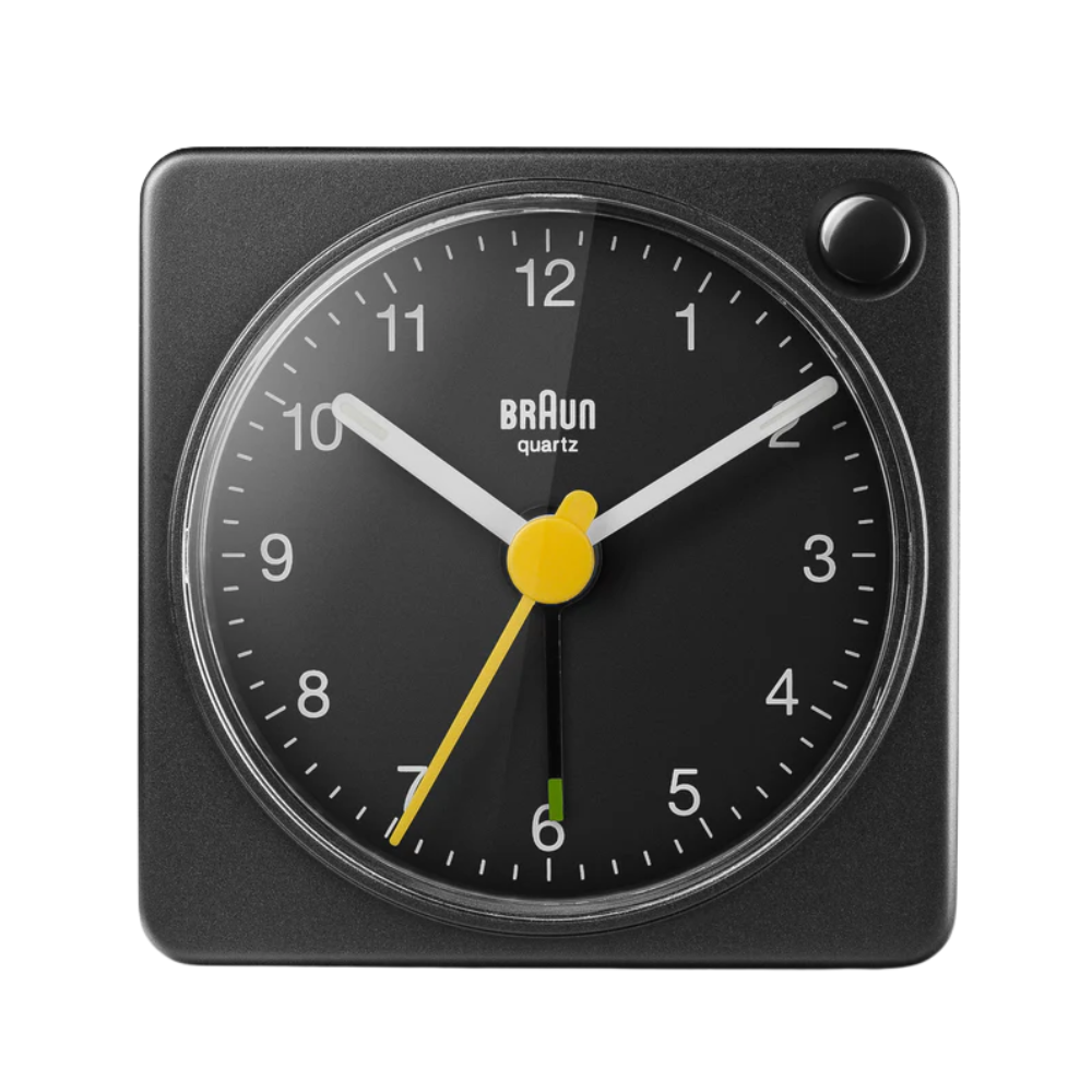 The black BC2X Travel Alarm Clock from Braun.