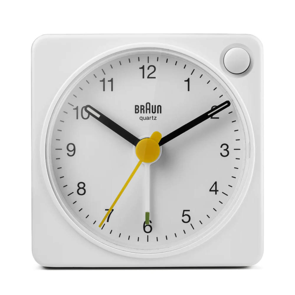 The white BC2X Travel Alarm Clock from Braun.