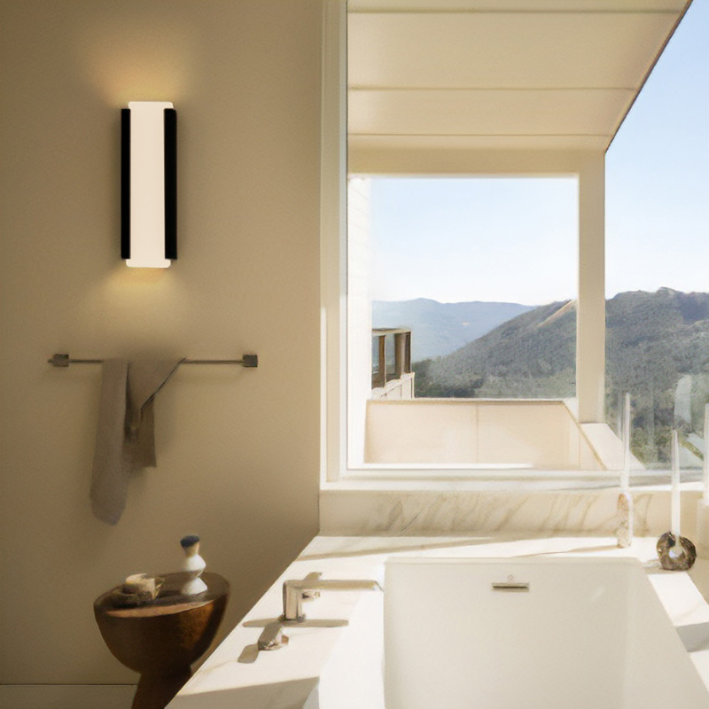 The Capio Sconce from Cerno in dark stained walnut in a bathroom.