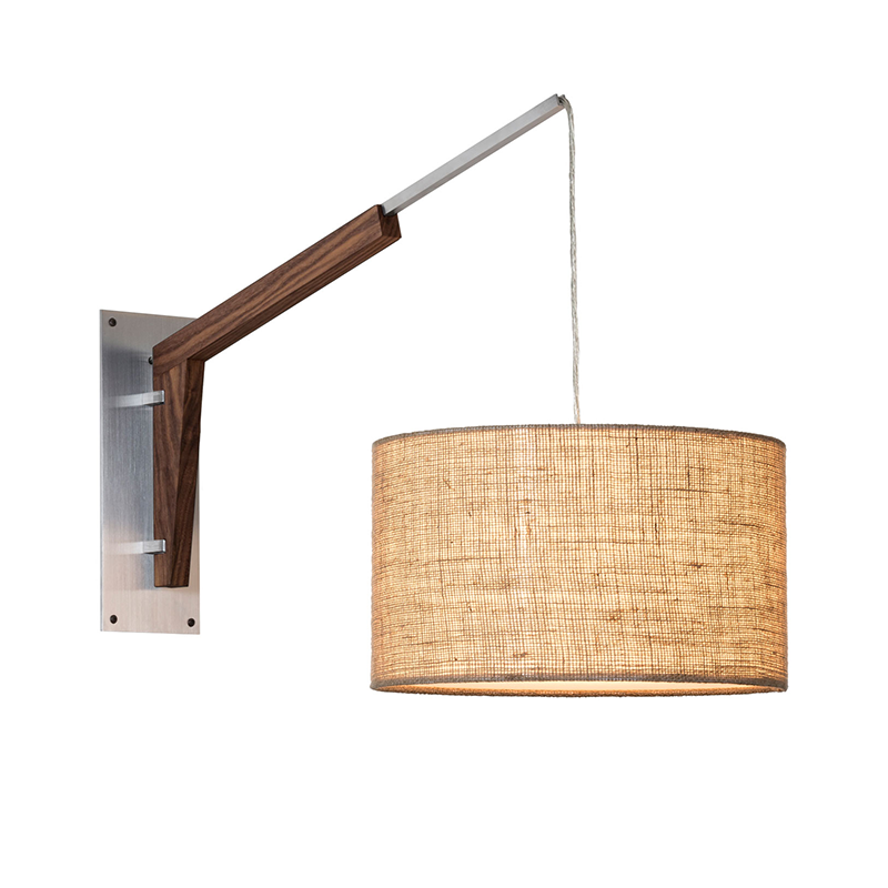 The Talea Wall Sconce Swing Arm from Cerno in Burlap with brushed aluminum and walnut.
