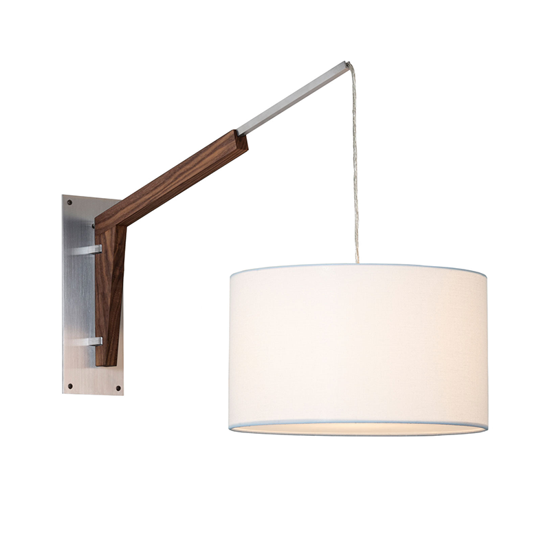 The Talea Wall Sconce Swing Arm from Cerno in White Linen with brushed aluminum and walnut.