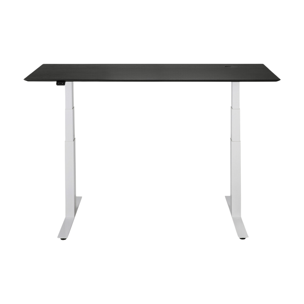 The Bok Adjustable Desk Black Oak 63 Inches with white legs from Ethnicraft extended up.